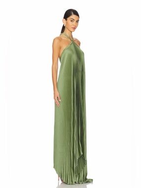 Pleated Halter Maxi Dress in Olive Green